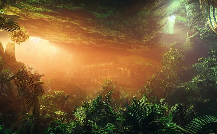 Image similar to a beautiful render of a sci - fi scientific industrial facility localized in a jungle cave, lush flora, patches of yellowish - red - magenta sky, sunset lighting, detailed, hazy, humid, volumetric lighting, god rays, 8 k, photorealistic, raytracing effects, rtx on