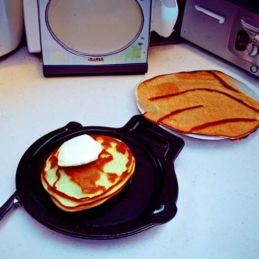 Image similar to a really cute cat eating pancakes on a microwave, photograph