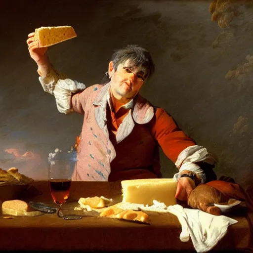 Prompt: steve albini eating a loaf of fresh bread and some good cheese or roast beef, portrait, oil on canvas, by jean - honore fragonard