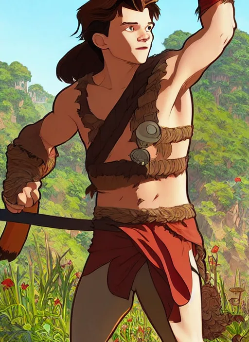 Image similar to cute tom holland wearing barbarian tunic, natural lighting, path traced, highly detailed, high quality, digital painting, by don bluth and ross tran and studio ghibli and alphonse mucha, artgerm