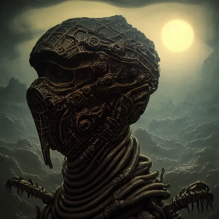 Prompt: portrait of beautiful man wearing black ribbed scorpio as mask, wastelands on exoplanet, baroque painting, beautiful intricate insanely detailed octane render, artstation, 8 k artistic harsh flash photography, photorealistic, volumetric perfect light, chiaroscuro, raphael, caravaggio, beksinski, rutkowski, giger