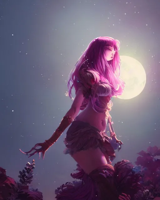 Prompt: a highly detailed image of A beautiful woman basking in the moonlight, with medium length magenta hair, and a tall tree, and large obsidian crystals, cinematic lighting, dramatic atmosphere, by Dustin Nguyen, Akihiko Yoshida, Greg Tocchini, Greg Rutkowski, Cliff Chiang, 4k resolution, trending on artstation