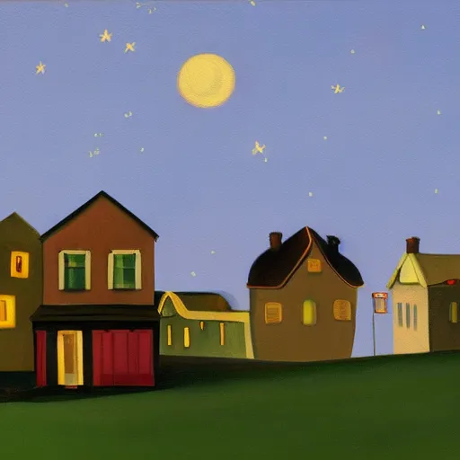 Prompt: a painting of a small village with crooked wooden houses designed by Tim Burton, the village is on a hill, the sky is dark with stars shining through, in the style of Edward Hopper, 4K,