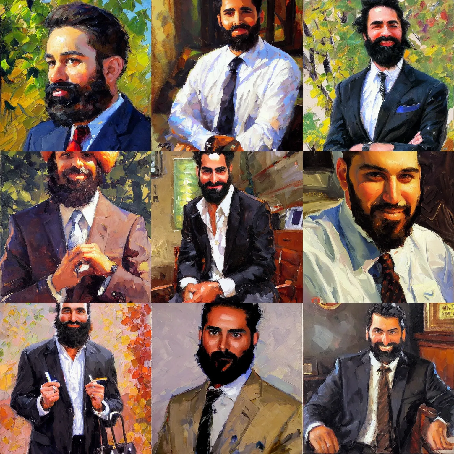 Prompt: a swarthy office worker, husky build, black beard, friendly youthful face, painted by Michael Garmash