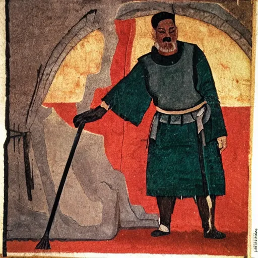 Image similar to genghis khan as a janitor in an elementary school, mopping the floor