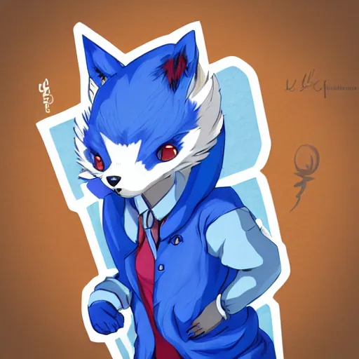 Image similar to anime style colored pencil sketch of an anthropomorphic blue fox fursona furry male character wearing a stylish all over print hoodie, notebook drawing, realisitc photo