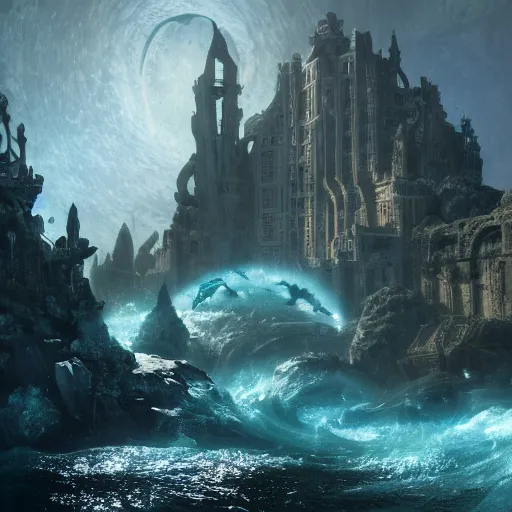 Prompt: The lost Atlantis appears in the multiverse, and the overall tone is atmospheric, hazy, magical, hyper-detailed and realistic，baroque style, realistic geometry, unreal engine 5, hyper realistic, insane details, reflections, best quality, cinematic, epic, 8k, octane render, atmospheric, ambient, volumetric lighting, ultra detail, surrealism,--ar 16:9