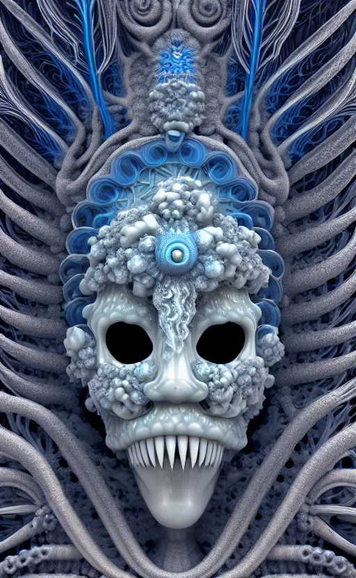 Image similar to intricate gothic baroque porcelain blue mask, eagle coral, jelly fish, feathers, mandelbulb 3 d, fractal flame, octane render, cyborg, biomechanical, futuristic, by ernst haeckel