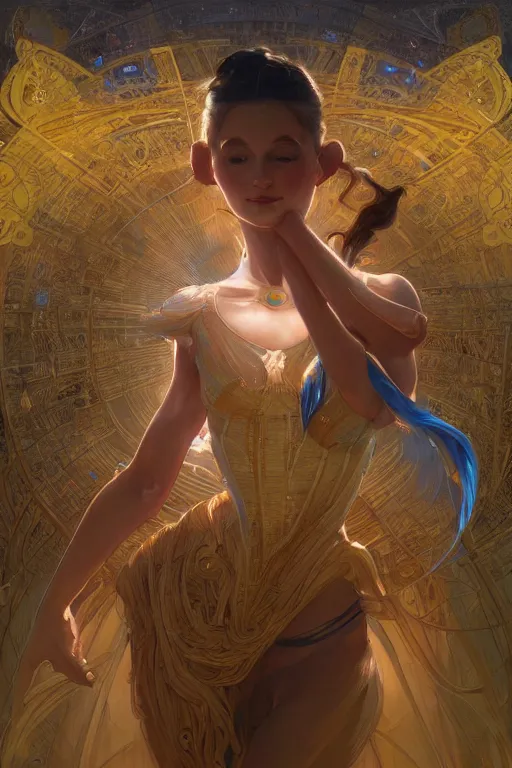 Image similar to hyperdetailed robotic ballerina with blue human eyes, human eyes, symetry, golden ratio, intricate, detailed, volumetric lighting, scenery, digital painting, highly detailed, artstation, sharp focus, illustration, artstation, art by artgerm and greg rutkowski and alphonse mucha