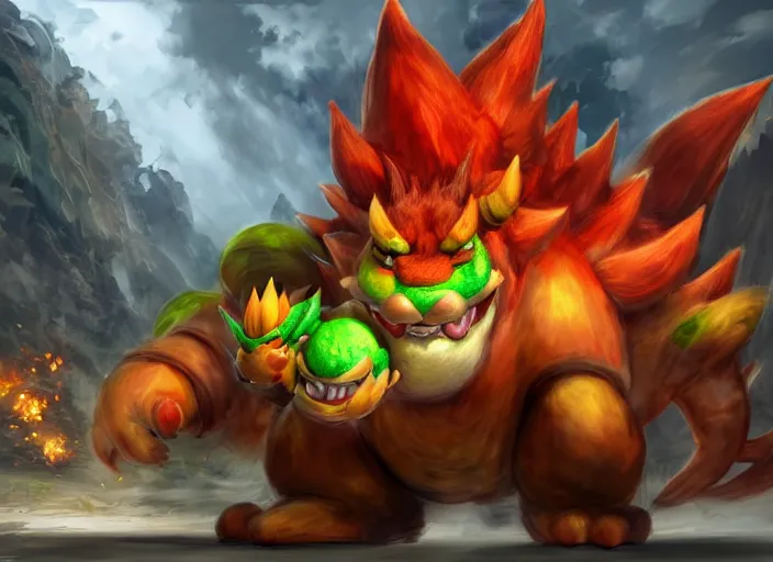 Prompt: detailed concept art of a huge giant bowser by cheng yi and luolin, aartstation, artstationhd, detailed scales, spiky and red hair tuft. bowser, bowser nintendo, koopa, ~ bowser # bowser ( ( mario ) ) bcy. net, realistic. cheng yi, fire breathing. bowser
