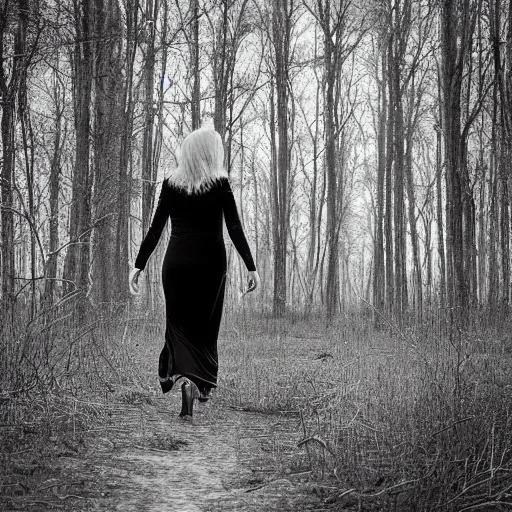 Prompt: tall slender woman with long grey hair in a black dress walking out of a swamp, by graham ingels,