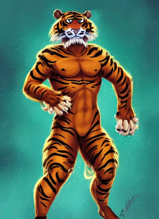 Image similar to character portrait of a male anthro Tiger fursona wearing a wrestling costume in a futuristic wrestling ring. Character design by charlie bowater, ross tran, artgerm, and makoto shinkai, detailed, inked, western comic book art
