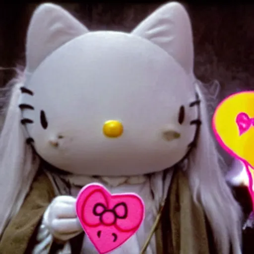 Image similar to portrait of Gandalf dressed up as hello kitty, holding up a playing card to the camera, movie still from Lord of the Rings