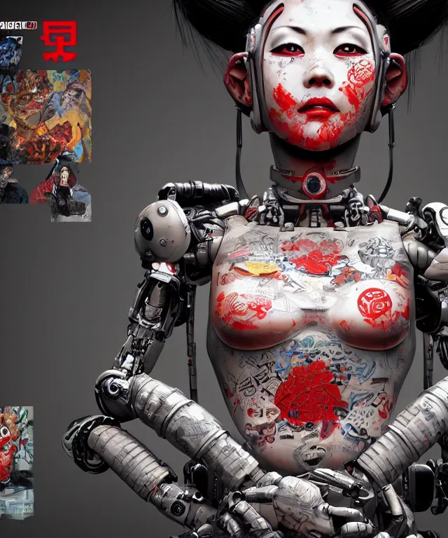 Image similar to an epic fantastic realism comic book style portrait painting of a japanese robotic geisha with kanji tattoos and decals, apex legends, octane render, intricate detail, 4 k hd, unreal engine 5, ex machina, irobot