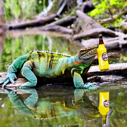 Image similar to iguana drinking a corona in a swamp in the style of Disney,