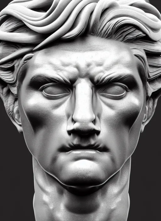 Image similar to stylized shiny metal and black ornate statue bust made of marble of hercules, perfect symmetrical body, perfect symmetrical face, hyper realistic, hyper detailed, by johannen voss, by michelangelo, octane render, blender, 8 k, displayed in pure white studio room