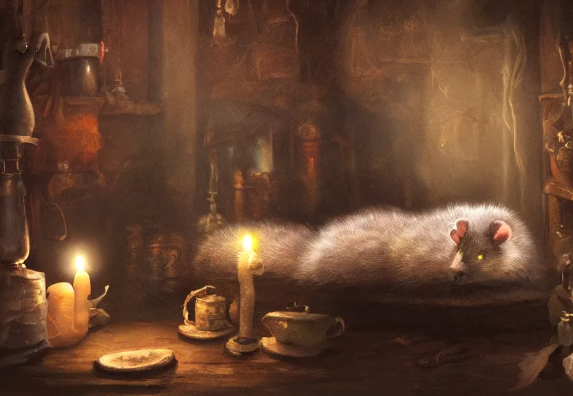 Image similar to cute possum sleeping on a bed in a medieval cluttered cottage at night under the dim light of a candle, dark fantasy, dreaming illusion, trending on artstation