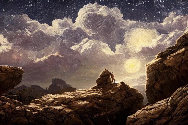 Image similar to Landscape view of a Rocky mountain, only one man climbing the rocks with his bare hands, at a starry night, no lights beside the luminance of the full moon, night atmospheric lights, trending on artstation, hyper detailed