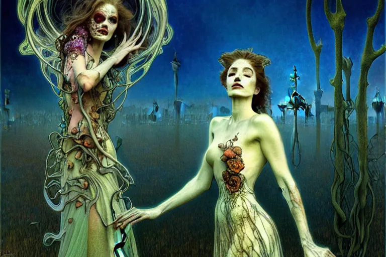 Image similar to realistic detailed portrait painting of a beautiful female zombie, nightly graveyard landscape background by Jean Delville, Amano, Yves Tanguy, Alphonse Mucha, Ernst Haeckel, Edward Robert Hughes, Roger Dean, masterpiece, cinematic composition, dramatic pose, 4k details, rich moody colours, blue eyes