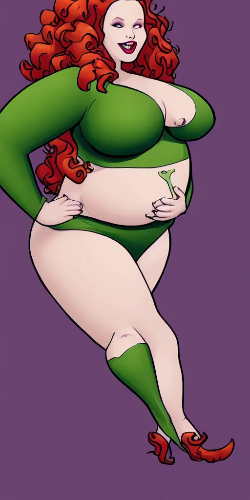 Prompt: beautiful obese 400-pound Madelaine Petsch poison ivy DC comics, evil smile, big round perfectly smooth and spherical belly hanging down to her knees, wearing a green bra, realistic character concept, fun pose, comic book, illustration, symmetrical face and body, surrounded by vines and plants, artstation, cinematic lighting, hyperdetailed, high resolution, Charlie Bowater, Tom Bagshaw, single face, insanely detailed and intricate, beautiful