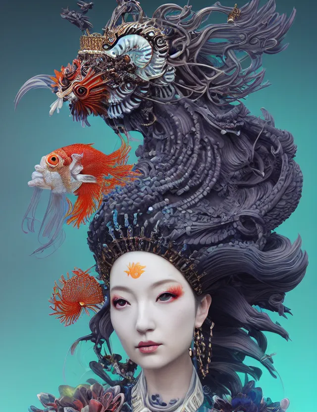 Image similar to 3 d goddess close - up profile portrait with crown, ram skull. beautiful intricately detailed japanese crow kitsune mask and clasical japanese kimono. betta fish, jellyfish phoenix, bio luminescent, plasma, ice, water, wind, creature, artwork by tooth wu and wlop and beeple and greg rutkowski