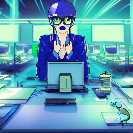 Image similar to prairie dog hacker in a blue-lit room surrounded by computers, highly detailed, trending on pixiv
