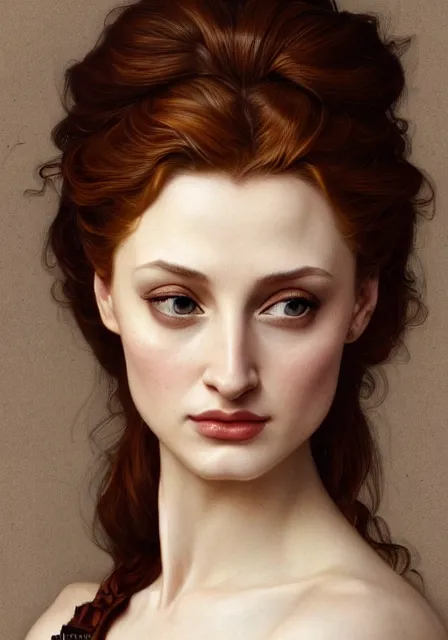 Image similar to sansa angeline jolie gessica chastain, intricate, elegant, highly detailed, digital painting, artstation, concept art, smooth, sharp focus, illustration, art by artgerm and greg rutkowski and alphonse mucha and william - adolphe bouguereau