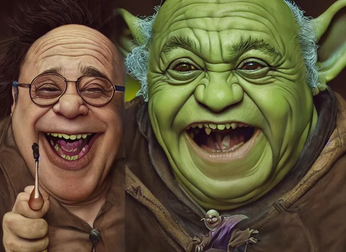 Image similar to a highly detailed portrait of Danny Devito as a crazy laughing drunk Yoda on a bad ketamine drug trip, pale green skin, descent into lunacy and madness, dizzy, trippy, artstation, cgsociety, very detailed, intricate, detailed illustration, by artgerm and greg rutkowski and alphonse mucha, sharp, smooth, masterpiece