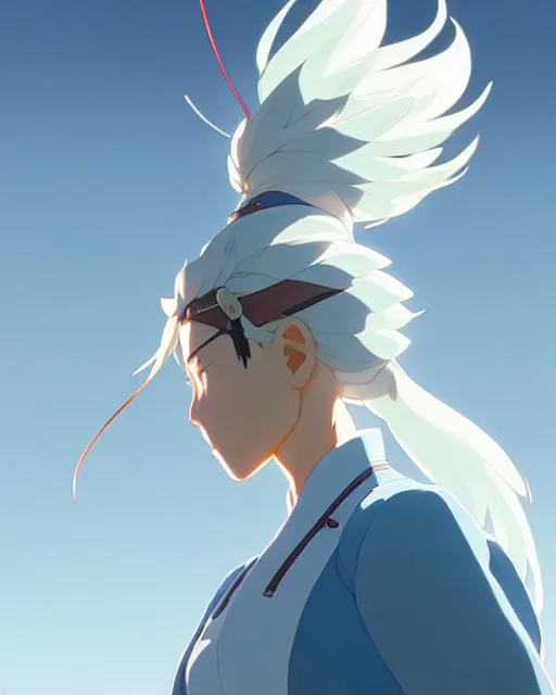 Image similar to azctec warrior, a south korean female, she wears a light blue jacket, white ponytail hair, detailed perfect face, exquisite details, fire magic, mid view, design on a white background, by studio muti, greg rutkowski makoto shinkai takashi takeuch studio ghibli