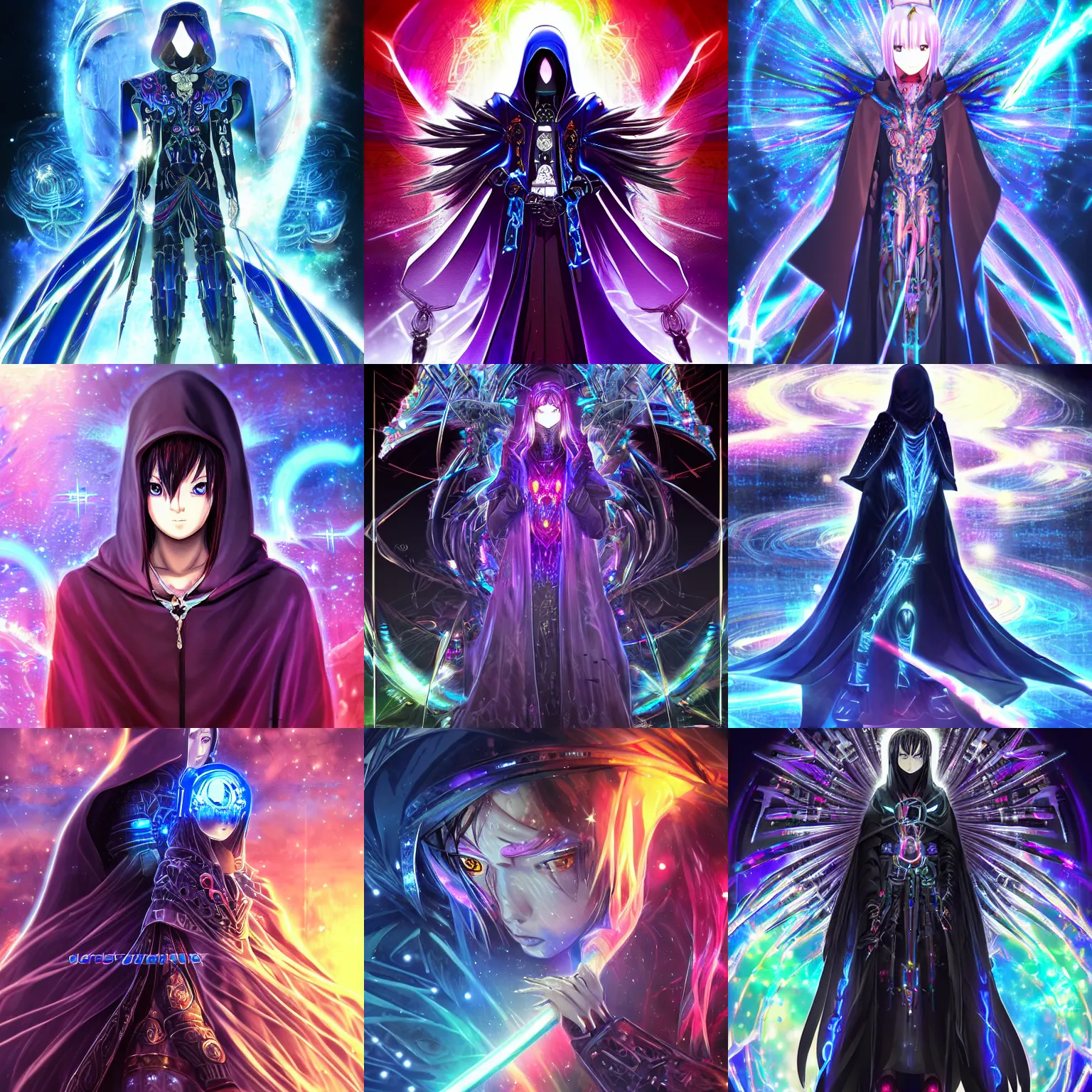 Prompt: Cloaked hooded complex cybernetic omnipotent being with a biological human face, anime CGI style, dark, intricate bejewelled technological ominous warrior, anime in the style of Makoto Shinkai, animated, animation, detailed, rainbow sheen, brandishing iridescent legendary cosmic sword, crystal encrusted, iridescent holographic epic dark megastructure background, moody