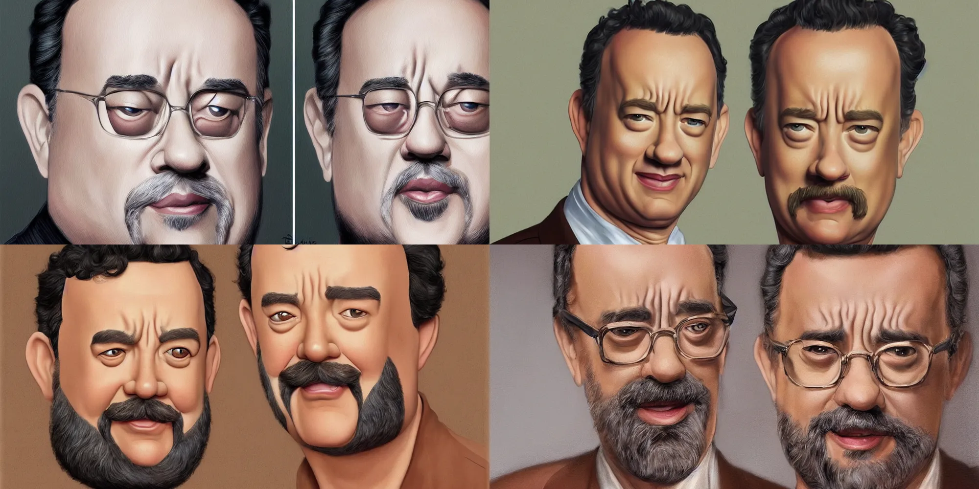 Prompt: Tom Hanks with thick eyebrows, short beard, short light brown hair, amused facial expression, very detailed, digital art, ArtStation, art by Fernando Botero