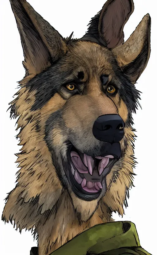 Image similar to close up character portrait icon of the german shepard beast - man military uniform head animal person wearing clothes standing in the bright forest, hidari, color page, tankoban, 4 k, tone mapping, akihiko yoshida