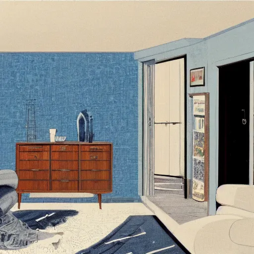 Image similar to in the style of Vincent Di Fate and Chris Moore, a family of six in a mid century modern home, blue limewash walls ,very highly detailed, 8k, wallpaper