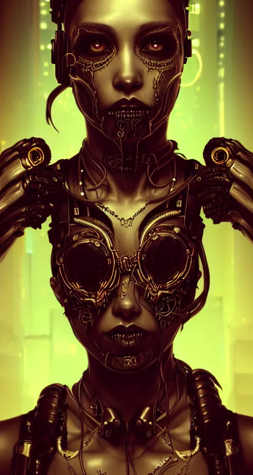 Image similar to soft lustrous ebony dark biotech raver gothic cyborg gutter punk, earbuds, golden ratio, details, scifi, fantasy, cyberpunk, intricate, decadent, highly detailed, digital painting, octane render, artstation, concept art, smooth, sharp focus, illustration, art by artgerm, loish, wlop