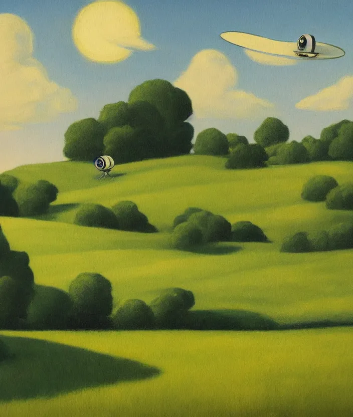 Image similar to a highly detailed painting of a stylized cartoon ufo over a meadow, there are cows on the meadow, one cow is being beamed up by an ufo, ufo has green light beam, very fine brush strokes, baby blue sky with aesthetic clouds, in the style of edward hopper, 4 k,