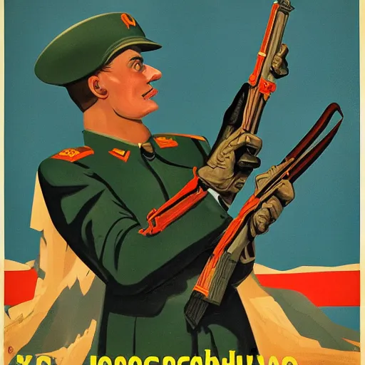 Prompt: soviet propaganda poster depicting a dromaius novaehollandiae in military uniform