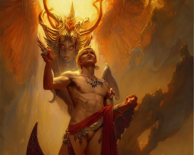 Image similar to attractive male deity, casting demonic magic, summoning handsome lucifer morning star. highly detailed painting by gaston bussiere, craig mullins, j. c. leyendecker 8 k