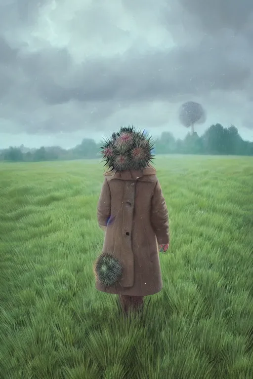 Prompt: portrait, massive thistle flower head, a girl wearing coat in field, surreal photography, wind, cloudy sky, dramatic light, impressionist painting, digital painting, artstation, simon stalenhag