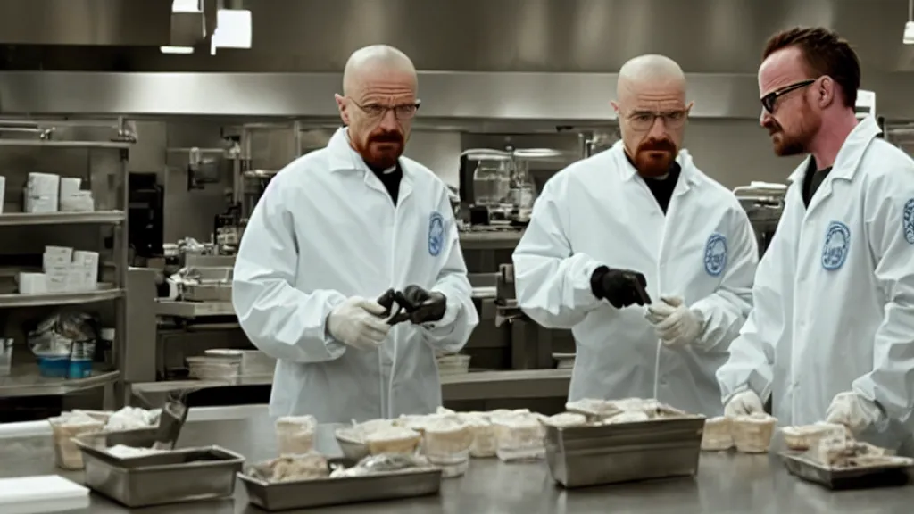 Image similar to walter white and jesse pinkman working at cinnabon, film still from the movie directed by denis villeneuve