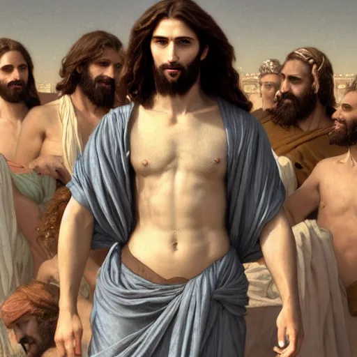 Prompt: an extremely detailed matte painting of a ridiculously good looking jesus that looks like a jewish gigachad with his 1 2 apostle entourage, long curly hair, elegant ancient greek dress, very detailed, windy beach, beautiful, intricate, cinematic, artstation, william bouguereau, alphonse mucha, greg rutkowski, rossdraws, octane render