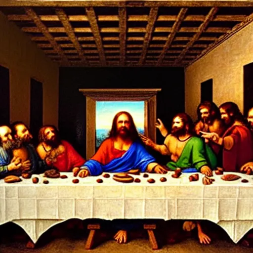 Image similar to neanderthals enacting the last supper by leonardo da vinci, jesus in the middle