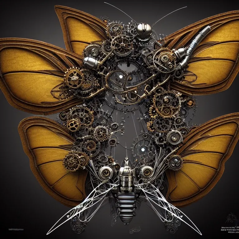 Prompt: steampunk cybernetic biomechanical butterfly with wings, 3 d model, very coherent symmetrical artwork, unreal engine realistic render, 8 k, micro detail, intricate, elegant, highly detailed, centered, digital painting, artstation, smooth, sharp focus, illustration, artgerm, tomasz alen kopera, wlop