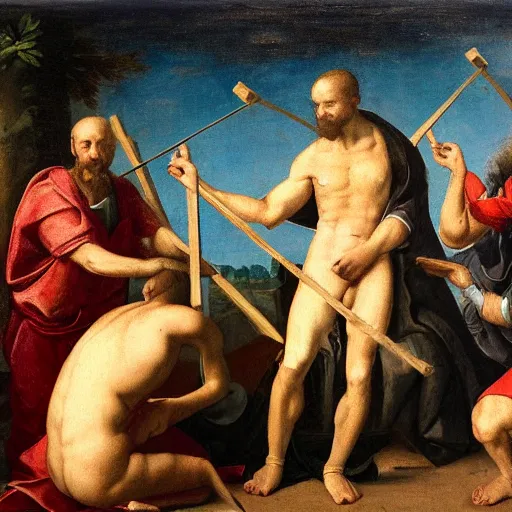 Image similar to man renaissance painting for a man swinging a 2 x 4 at other people in van nuys california