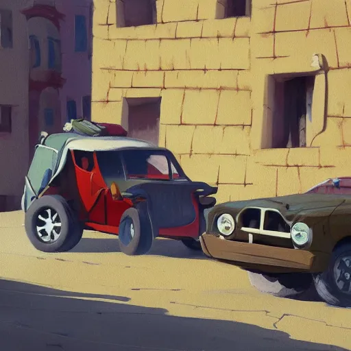 Image similar to goro fujita ilustration off - road car with luggage on a street in a town, painting by goro fujita, sharp focus, highly detailed, artstation