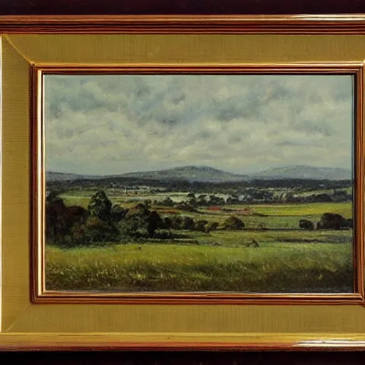 Image similar to a landscape painting of canberra by fred mccubbin