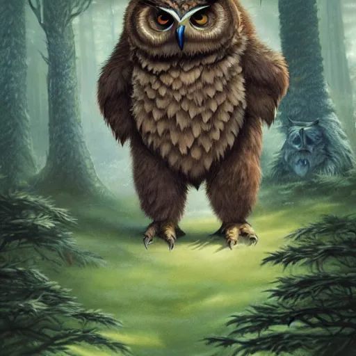 Image similar to three quarter portrait of an owlbear in the forest, d & d, fantasy, magali villeneuve,