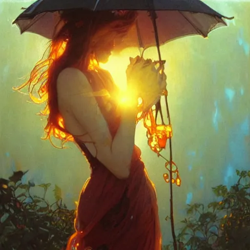 Image similar to glossy liquid honey drops flowing like translucent amber, backlit, sunset, refracted lighting, art by collier, albert aublet, krenz cushart, artem demura, alphonse mucha