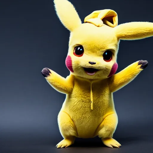 Image similar to model cute detective pikachu wearing hoodie at a model photoshoot studio lighting by annie leibovitz