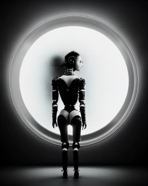 Image similar to black and white high quality photo of a female AI-queen-dragon-cyborg-doll looking into a sci-fi mirror, volumetric lighting, brutalism, foggy, dreamy, hyperdetailed, bokeh, photorealistic, cinematic, masterpiece, elegant, dark, in the style of Man Ray, octane render, 8K,