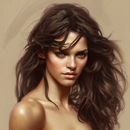 Prompt: Portrait of a Brazilan Supermodel, olive skin, long dark hair, beautiful bone structure, intricate, elegant, highly detailed, digital painting, artstation, concept art, smooth, sharp focus, illustration, art by artgerm and greg rutkowski and alphonse mucha